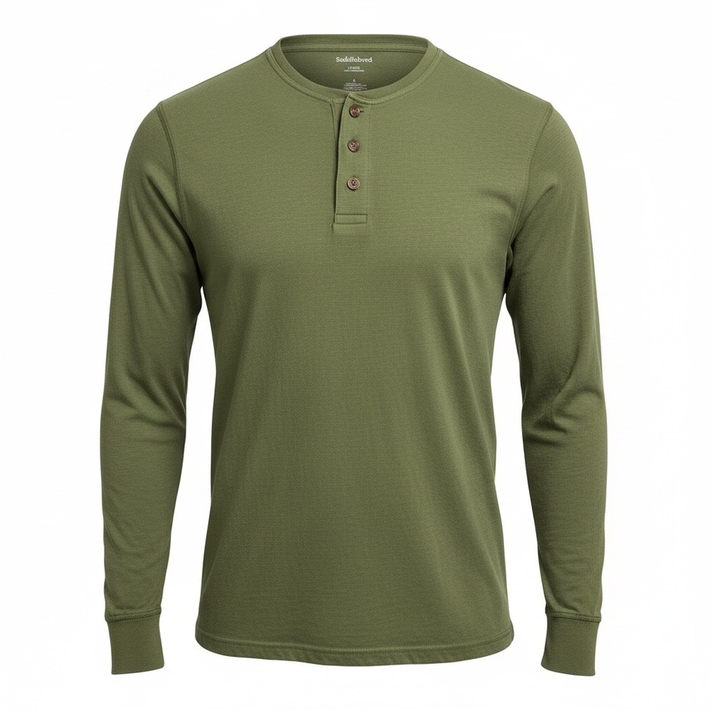 Saddlebred Henley Long Sleeve Men's Large Shirt Olive Green Buttons Crew Neck